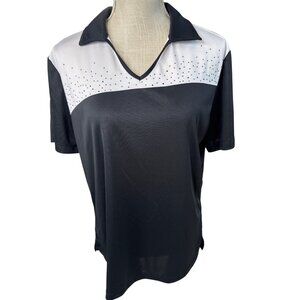 Monterey Club Womens Black & White Rhinestone Polo Shirt XL Dri-Swing Activewear